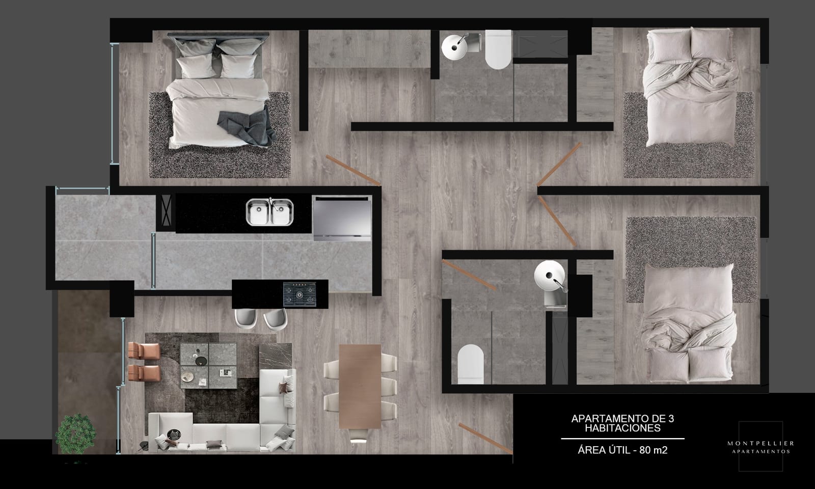 Planta apartamento de 3 habitaciones, 80 m2